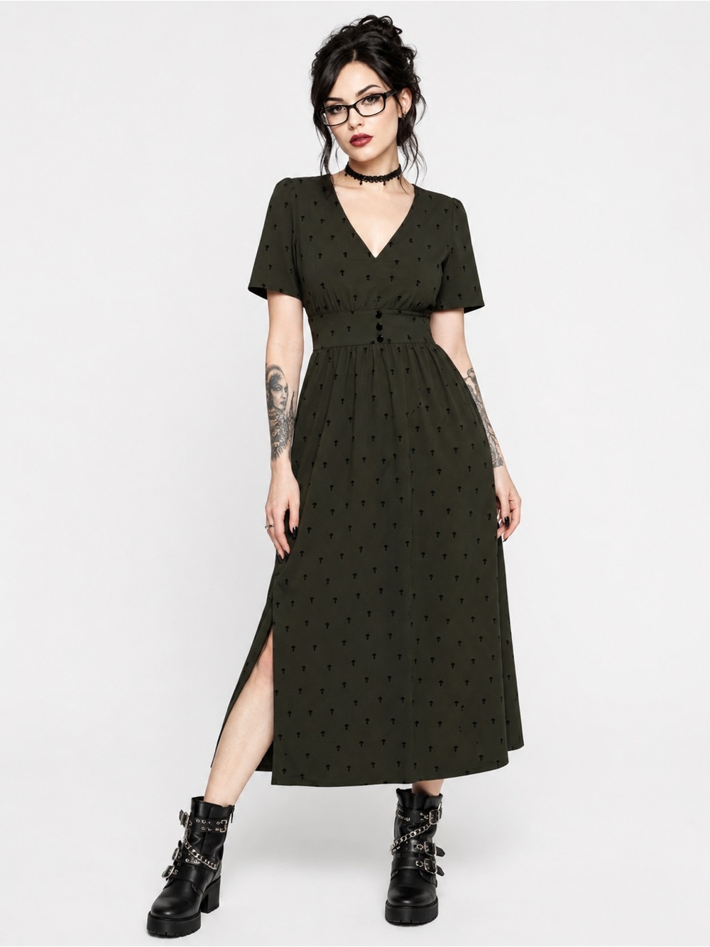 NWT DISTURBIA Chanterelle V-Neck Midaxi Dress, Size 8, Gothic, Cute Mushrooms.